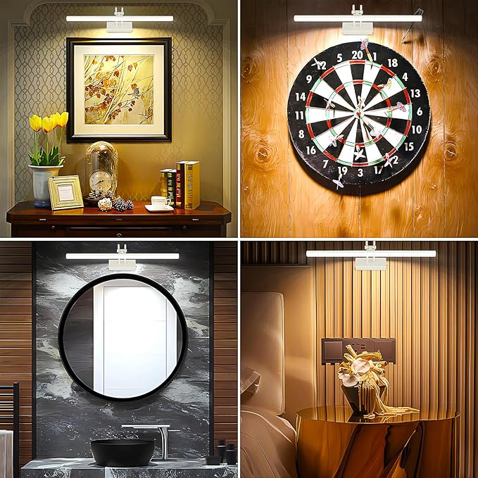 RAIFOOLLY Picture Light, Picture Lights for Wall Cordless, 16inch Picture Lights with Timer and Dimmable, Battery Wall Lights for Display Gallery Painting Art Frame Portrait - White Metal