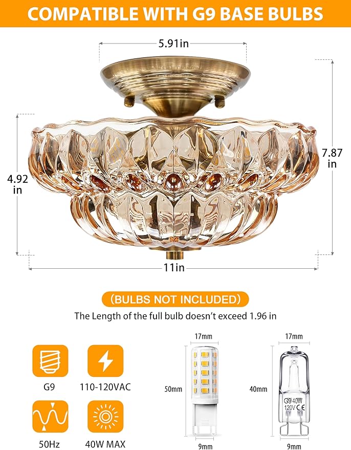 Semi Flush Mount Ceiling Light,11IN Vintage Gold Hallway Lights Fixture,3-Bulb Globe Amber Glass Close to Ceiling Light for Bathroom, Hallway, Dining Room,Bulb Not Included