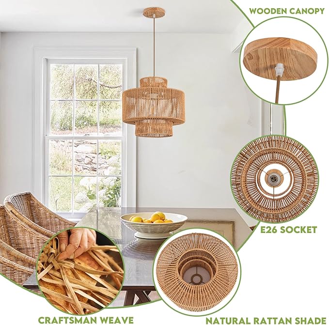 Boho Chandelier Rattan Pendant Light for Dinning Room Bohemian Hanging Lights 3-Tier Rattan Chandelier Basket Light Woven Light for Bedroom Entrance Hallway Kitchen Island Light Fixture