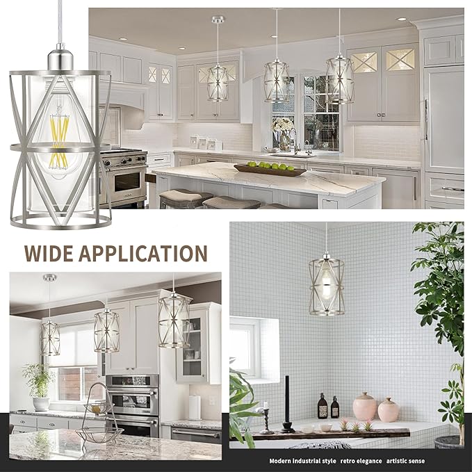 Pendant Lights Kitchen Island with Clear Glass, Brushed Nickel Pendant Lights, Cylindrical Modern Kitchen Light Fixtures, Pendant Light Over Island, Foyer, Dining Room, Entryway