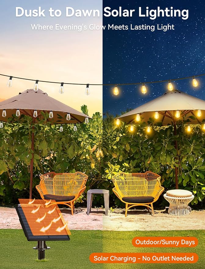 Brightever 36FT Solar String Lights Outdoor Waterproof with Remote, 12+1 Shatterproof ST38 LED Bulbs, Warm White & 3 Lighting Modes, Dimmable Outdoor Solar Lights for Patio, Camping, Party