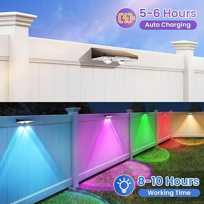 Solar Fence Lights Outdoor 8 Pack - 8 Modes (RGB Cycle/Fixed), Fence Lights Solar Powered for Outside, IP65 Waterproof, Deck Lighting for Wall, Step, Patio, Pathway, Stairs
