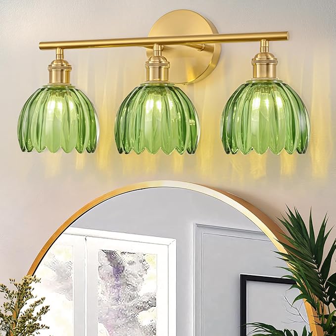 Gold Bathroom Light Fixtures Over Mirror, 3 Light Bathroom Vanity Light Fixture with Tulip Green Glass Lampshade, Vintage Vanity Lights for Bathroom, Bathroom Vanity Lights Over Mirror