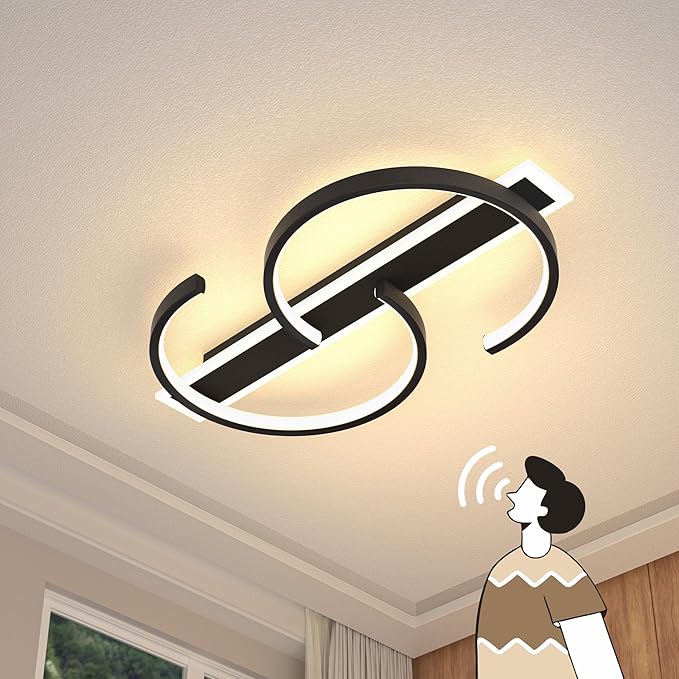Modern Ceiling Light 19.68in 2 Rings Black Voice Control Bedroom Lights for Ceiling 3000-6000K LED Ceiling Light Fixtures Flush Mount Ceiling Lamps for Living Room Study Kitchen 45W