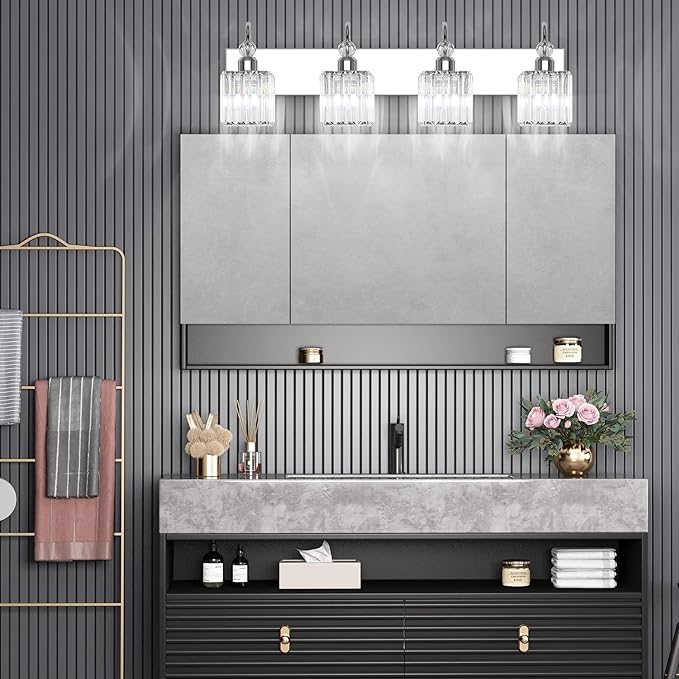 Ralbay Chrome Crystal Vanity Light 4-Lights 31.5'' Modern Bathroom Wall Lighting Over Mirror