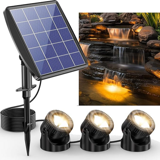 POPOSOAP 3-in-1 Solar Pond Lights, Warm White Underwater Pond Lights, IP68 Waterproof LED Fountain Lights for for Pond, Fountain, Pool Waterfall Decoration Garden Patio (3 Lights)-P63H