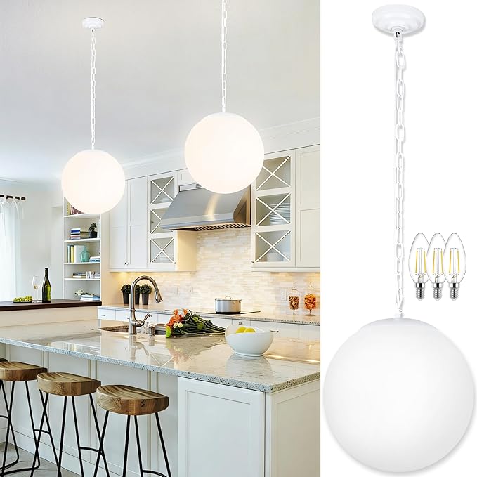 KoKo&Yukina 14 Inch Globe Pendant Light Adjustable White Globe Pendant Lights Kitchen Island Mid Century Light Fixture with Milky White Glass Shade for Living Room