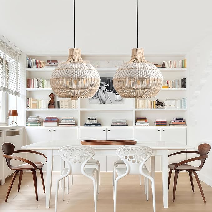 15" Rattan Pendant Light Fixture,3-Light Hand-Woven White Wicker Basket Chandelier Boho Faux Rattan Hanging Lamp,for Dining Living Bedroom Kitchen1-Pack