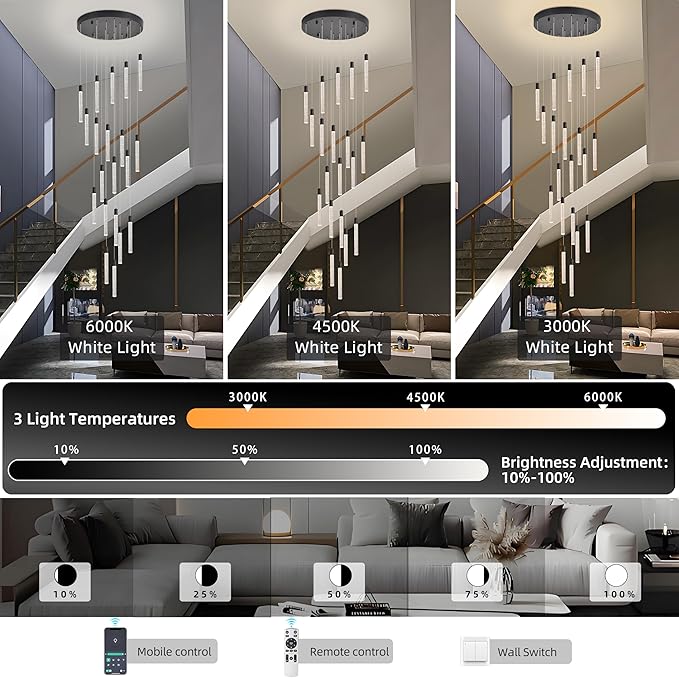 20-Light Black High Ceiling Chandeliers Modern Crystal Chandeliers for Entryway Long Spiral LED Dimmable Chandelier Flush Mount Ceiling Staircase Foyer Living Room Ceilings Light Fixture
