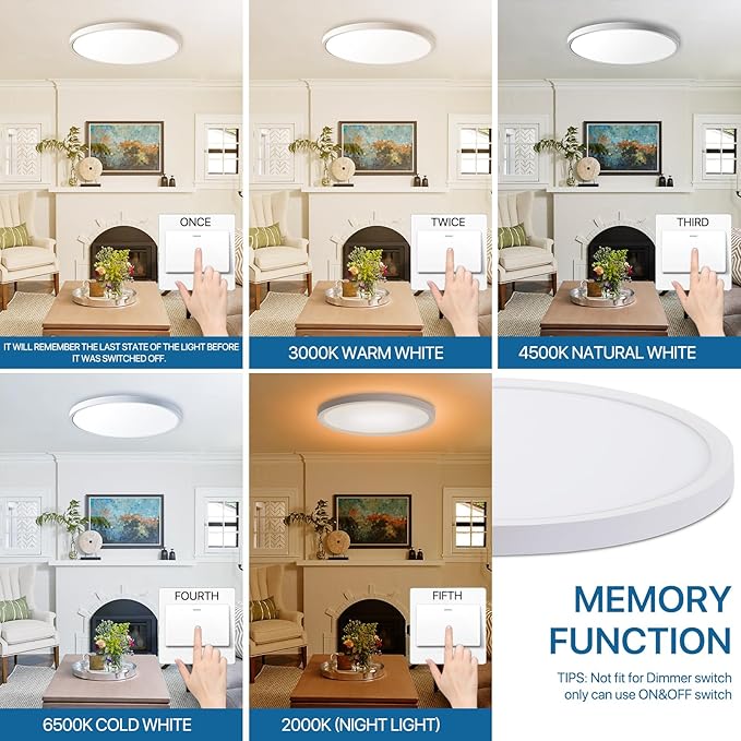 2Pack Dimmable LED Flush Mount Ceiling Light Fixture with Remote Control, 24W 2400LM, 12Inch, 2000K Warm Night Light & 3000K-6500K, Modern Super Slim Ceiling Lamp for Bedroom Kitchen, White