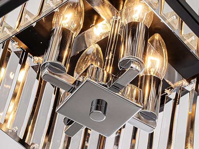 LumFurn 4-Lights K9 Crystal Ceiling Light, Close to Ceiling, 2-Tier Square Flushmount Light Fixture for Living Room, Foyer, Bedroom, L12 x W12 x H7, Clear Crystal, Black & Chrome Finish