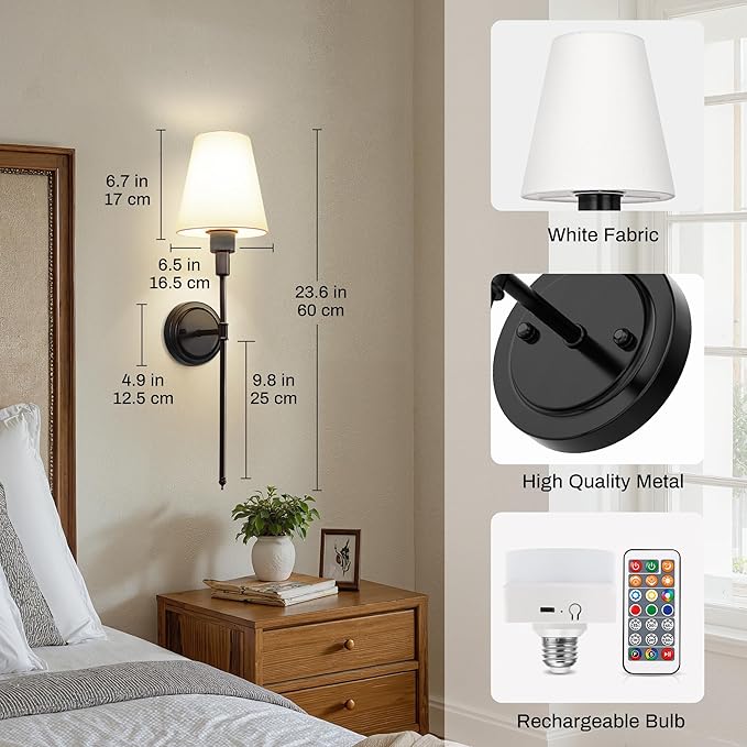 DORESshop Battery Operated Wall Sconce Set of 2, Wireless Wall Light Easy to Install, 15 Color Rechargeable Wall Sconces, Sconce Wall Decor Set of 2 for Bedroom, Living Room, Black, 24.6in