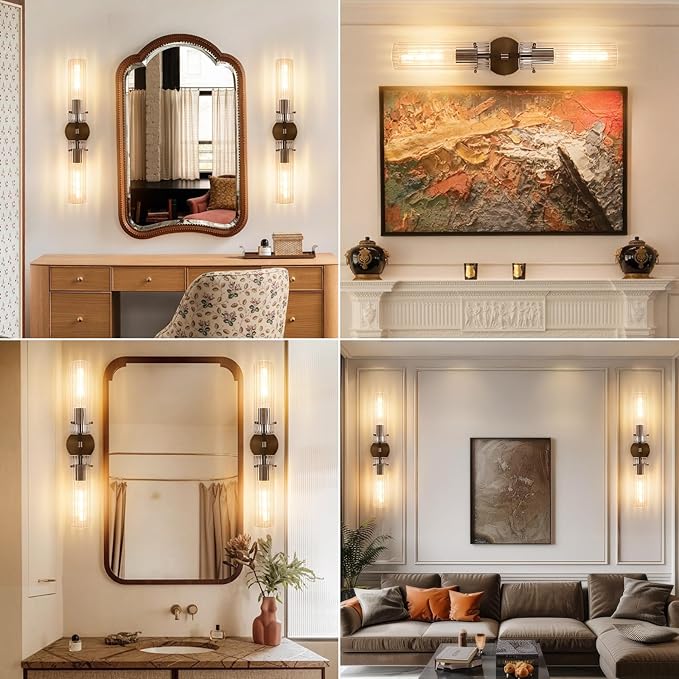 Brass Bronze 2-Light Knurled Wall Sconce, Dual-Head Vanity Lamp Set of Two with Vertical Striped Glass Tube, Bathroom Wall Sconces, Wall Lights for Living Room Bedroom Hallway Kitchen Bathroom Mirror