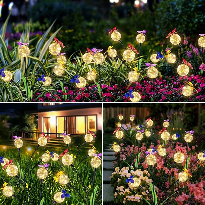 Solar Lights Outdoor 2 Pack, Solar Garden Lights, Butterfly Outdoor Decorations, Patio Decor, Big Bulb, Unique Gifts for Women, Gifts for Grandma
