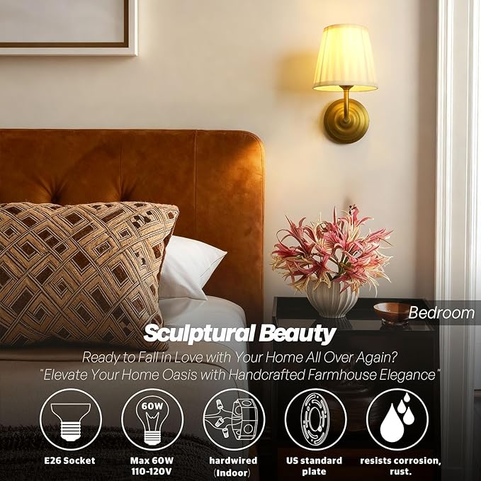 Vintage Gold Wall Sconce Light Brass Bathroom Vanity Light with Cream Fabric Shade Hardwire Modern Wall Sconces Lamp for Bedroom Living Room Bathroom Kitchen Indoor E26