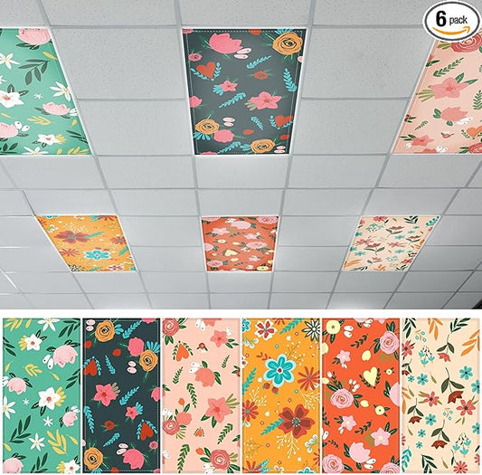 QOUBAI 6PCS Fluorescent Light Covers, 4x2 Feet Magnetic Light Cover Fluorescent Lights Shade Panel Positive Inspirational Ceiling Lights Filters for Office Classroom Home Drop Ceiling Floral