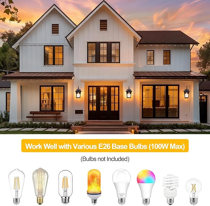 Kalium Outdoor Wall Lantern 2 Pack, Waterproof Exterior Wall Mount Light with Clear Glass in Black Finish, Porch Outside Lighting for Entryway, Backyard, Patio, E26 Base, Clear Glass 12.5 in