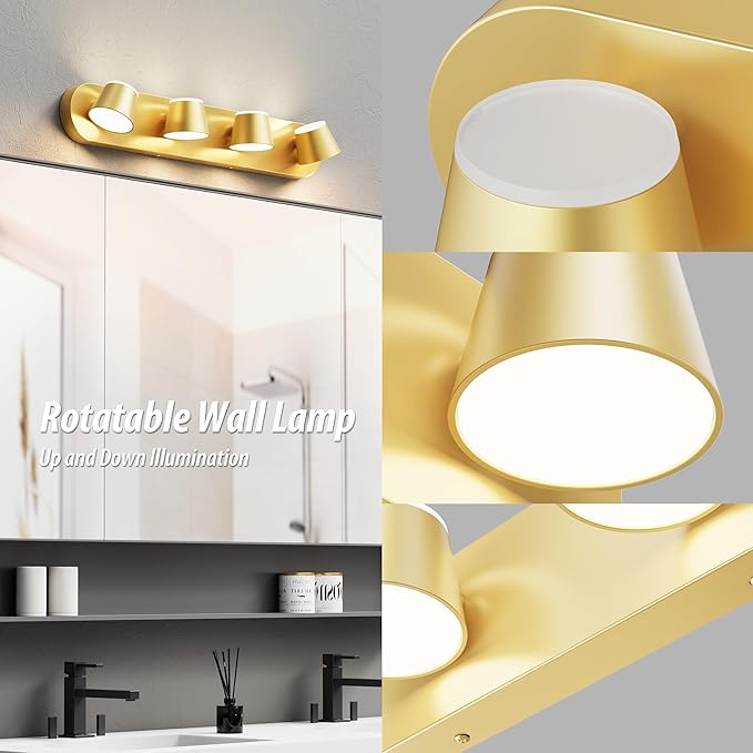 URSOLA 4 Light Bathroom Vanity Light, LED Gold Wall Light Fixtures, Up and Down Rotatable Dimmable 27 inch Bathroom Lighting Fixtures Over Mirror