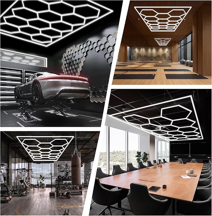 FERUERW Hexagon Garage Lights 3 Level Dimmable, High Brightness 168W 5600 to 18480 Lumens 6500K Honeycomb Led Light 5 Grid for Garage, Auto Beauty Shop, Car Detailing Shop, Workshop