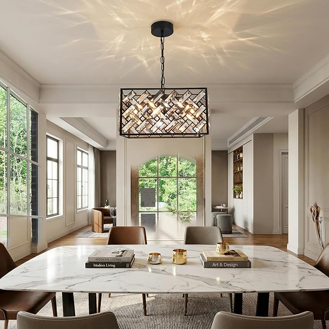 Modern Crystal Chandelier, 6-Light Black Chandeliers for Dining Room with Adjustable Chain, 51 Inch Ceiling Light Fixture for Bedroom, Foyer (Bulbs Not Included)