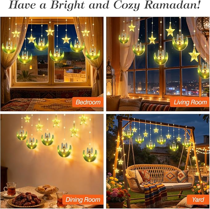 Lewondr Ramadan Curtain String Lights, 138 LED Moon Castle Star Fairy Lights with 6H Timer, 8 Modes, Remote Control, USB Powered Curtain String Light, Eid Mubarak Decorations for Ramadan Home, Green