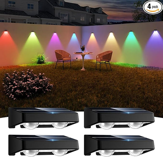 Solar Fence Lights Outdoor, 4 Pack Color Changing Fence Lights Solar Powered with 9 RGB Colors & 11 Lighting Modes, IP65 Waterproof Dusk to Dawn Fence Lights for Patio, Deck, Wall, Backyard