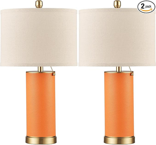 KDG 23.4" Orange PU Leather Table Lamps for Living Room Set of 2, E26 Socket LED Modern Home Decor Fabric Lampshade Desk Lamp Lighitng for Bedroom, Bedside, Farmhouse, Nightstand, Night Light