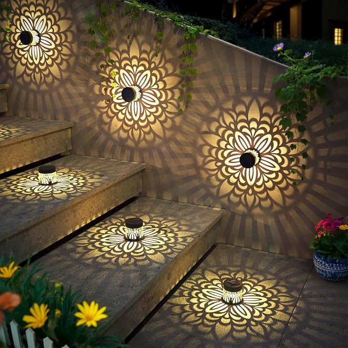 4 Pack Solar Fence Lights Metal Solar Powered Outdoor Wall Deck Step Lights Mandala Theme Waterproof Fence Light for Garden Post Patio Backyard Yard Decor, Gardening Gifts for Women Mom Grandma