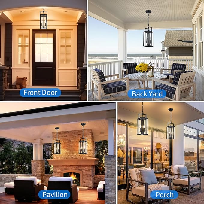 17.8'' Large Outdoor Pendant Light 2-Light, Modern Black Metal Outside Chandelier Exterior Hanging Fixture Ceiling Mount with Clear Glass for Front Porch Entrance Entryway, 1 Pack
