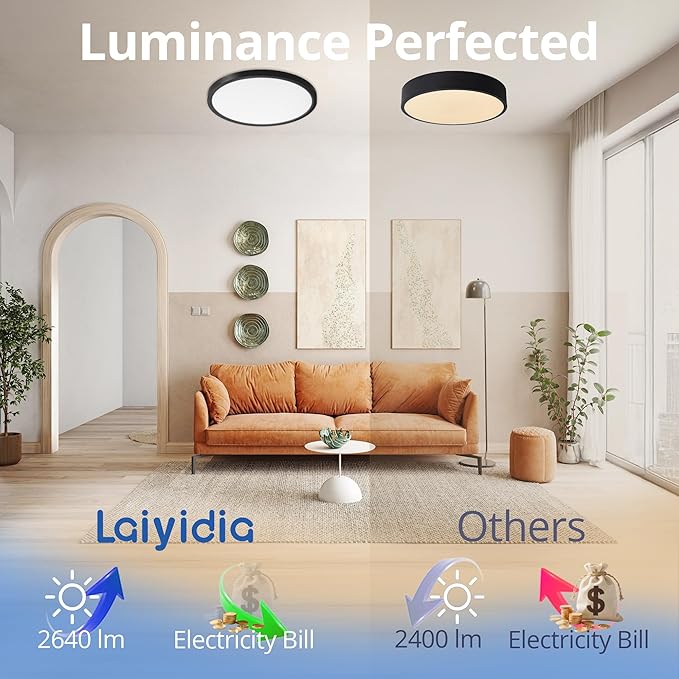 12-inch Round LED Flush Mount Light (1 Pack) - 24W 2640LM Dimmable, 5 CCT Selectable, Easy Install Ceiling Panel Fixture for Bedroom, Kitchen, Hallway, Apartment, Laundry, Matte Black