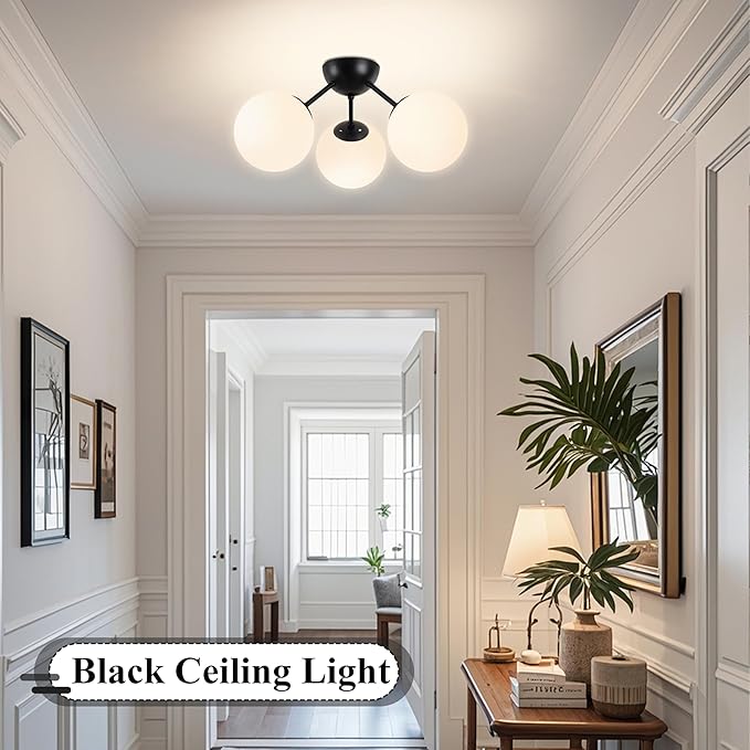 3-Light Mid Century Modern Semi Flush Mount Ceiling Light, Opal Glass Globe & Matte Black, Dimmable, UL Certified, for Bedroom, Kitchen, Living Room (Bulb Incl.)