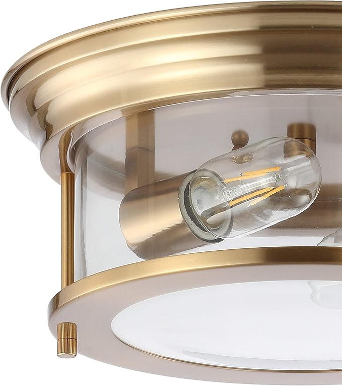 JONATHAN Y 13.25" Brass Gold 2-Light LED Flush Mount Ceiling Light Fixture, Modern Clear Glass Drum Shade, Industrial Farmhouse Lighting for Kitchen Hallway Bedroom JYL7446A