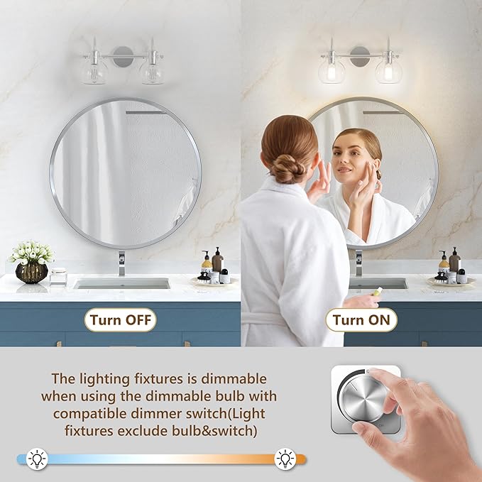 2-Light Bathroom Light Fixtures, Brushed Nickel Vanity Light with Clear Glass Shade,Modern Wall Sconce for Mirror Bath Bedroom Hallway Farmhouse Kitchen