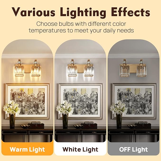 Modern Bathroom Vanity Light, 2-Light Gold Bathroom Lighting Fixtures Over Mirror, 12.6" Crystal Wall Light Sconce for Bathroom/Bedroom/Vanity, Includes LED Bulbs, Easy Installation