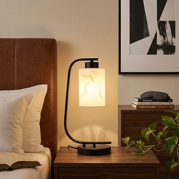 Modern Industrial Table Lamp, Marble Pattern Glass Shade Desk Lamp with C-Shaped Black Metal Base, Bedside Nightstand Lamp for Bedroom, Living Room, Office, E26 Base