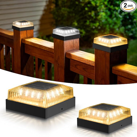 Solar Post Cap Lights, 2-Pack Fence Post Solar Lights for 4x4 Wood/Vinyl Posts, IP65 Waterproof, 10-12 Hours of Illumination with 3 Lighting Modes for Garden/Patio/Porch -Black