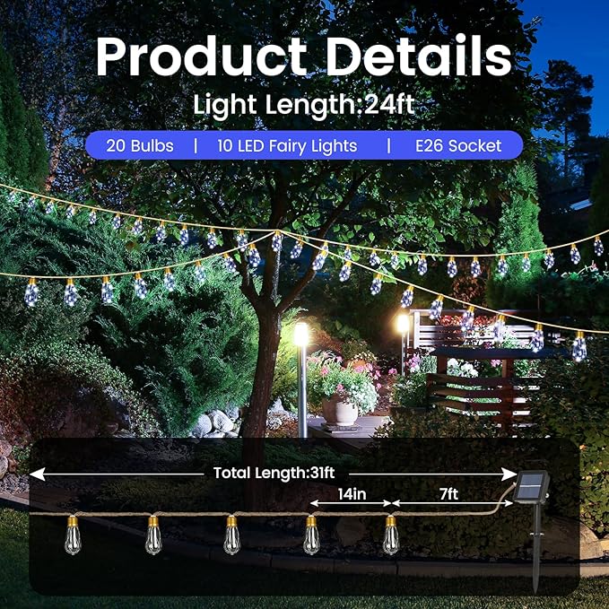 Solar Outdoor String Lights 2 Pack 24FT Vintage Rope Hemp Solar Lights with 20 Shatterproof Bulbs,8 Modes Solar Powered String Lights with Memory Function, Waterproof for Fence,Balcony,Garden(White)