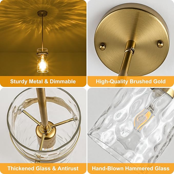 3 Pack Brushed Gold Pendant Lights Kitchen Island, Hammered Glass Pendant Lighting Over Island, Kitchen Hanging Light Fixtures Pendant Light Over Sink for Kitchen Entryway Foyer Dining Room