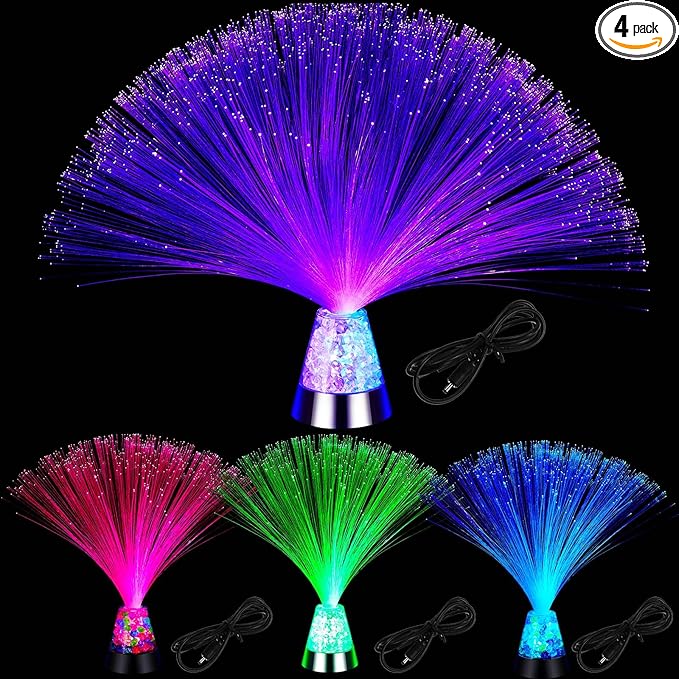 Retisee 4 Pieces Fiber Optic Lamp with Crystal Base 14inch Multicolored Sensory Lights Centerpiece Changing USB Battery Powered Fiber Optic Lights for Room Wedding Disco Party Decoration (Colorful)