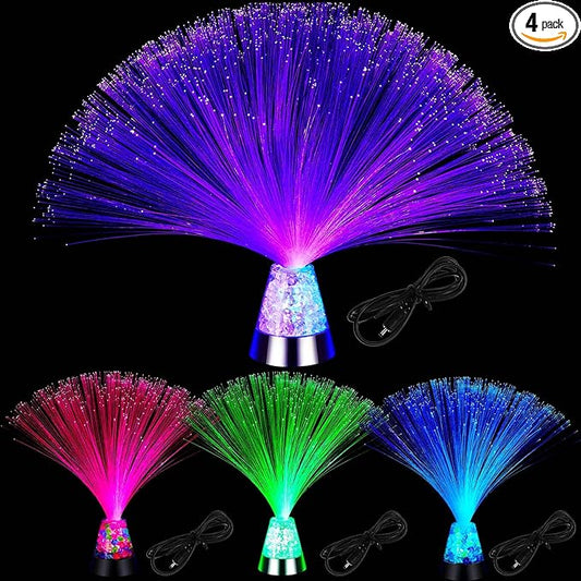 Retisee 4 Pieces Fiber Optic Lamp with Crystal Base 14inch Multicolored Sensory Lights Centerpiece Changing USB Battery Powered Fiber Optic Lights for Room Wedding Disco Party Decoration (Colorful)