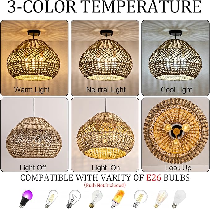 Rattan Pendant Light Fixtures,18.9" Boho Seagrass Pendant Light,3-Light Hand Woven Water Plants Rattan Chandelier for Dining Living Bedroom Kitchen Farmhouse
