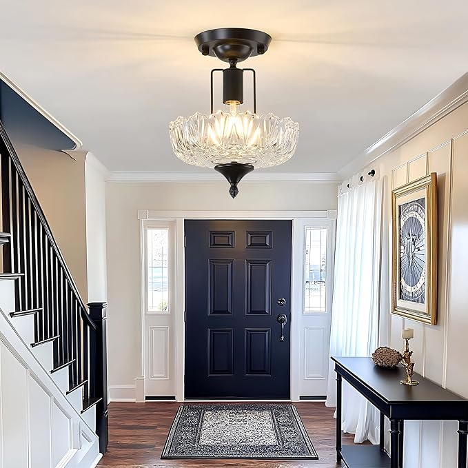 UOFUS Black Semi Flush Mount Ceiling Light Fixture with Clear Glass Shade Flower Small Chandelier Farmhouse Close to Ceiling Light for Hallway Entryway Bedroom Porch Foyer Corridor Kitchen
