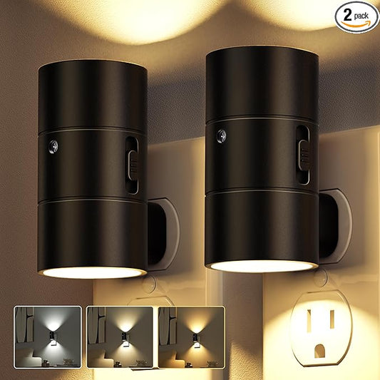 JOFIOS Night Lights Plug Into Wall,Dimmable LED Nightlight with Dusk to Dawn Light Sensor,0-100LM Adjustable Brightness,3 Color Temperatures,Night Light for Hallway Bathroom Stair Bedroom,Black,2 Pack