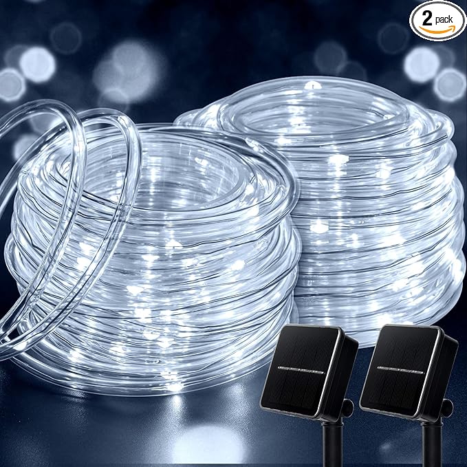 Brightown 2-Pack 39FT 100LED Solar Rope Lights, Solar Outdoor Lights IP65 Waterproof Solar Powered Fairy Lights with 8 Lighting Modes for Party Garden Yard Home Holiday Tree Decoration, Pure White