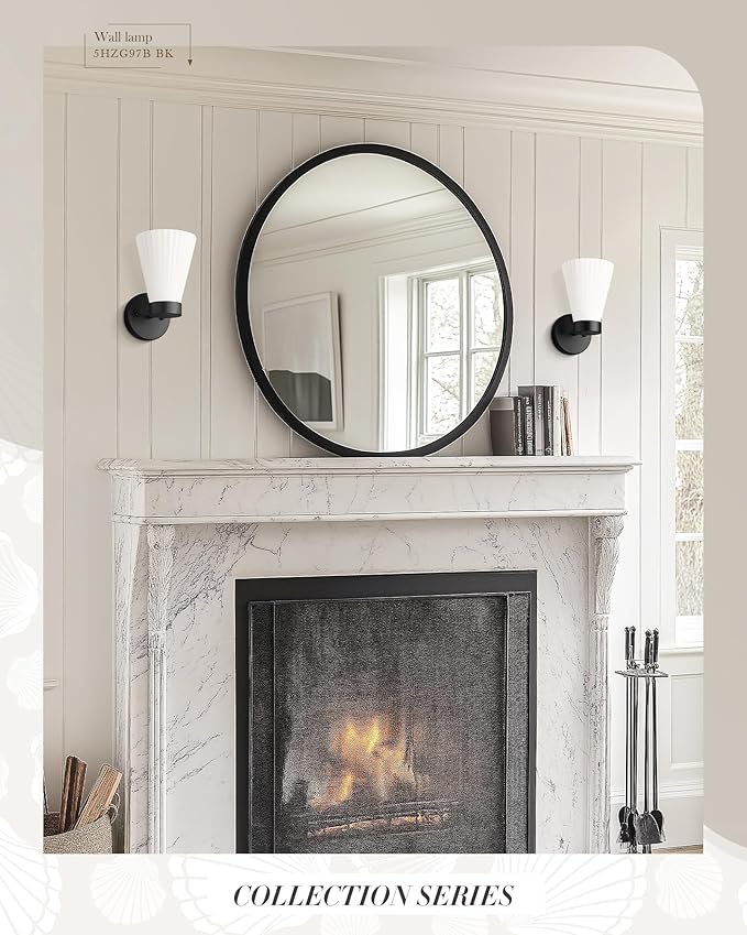 Indoor Wall Light Fixture, HWH Modern Wall Sconce Vanity Light with Frosted White Striped Glass Shade, Matte Black Single Wall Sconce for Bathroom Bedroom, 5HZG97B BK