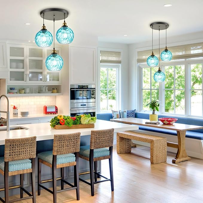 3 light Cluster Pendant Light, Mid Century Modern Dining Room Light Fixtures over Table, Kitchen Island Lights Ceiling Hanging Black, Blue Hammered Glass Chandelier Multi Pendant Light Fixture