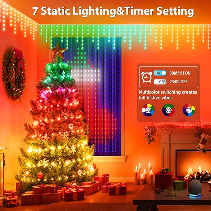 AHAWILL Icicle Lights for Outside,33ft Christmas Lights Outdoor with Dimmable 255LED,IP65 Waterproof,USB Plug in Curtain String Lights with DIY Scene Modes for Party,Roof,Halloween Decor(Multicolor)