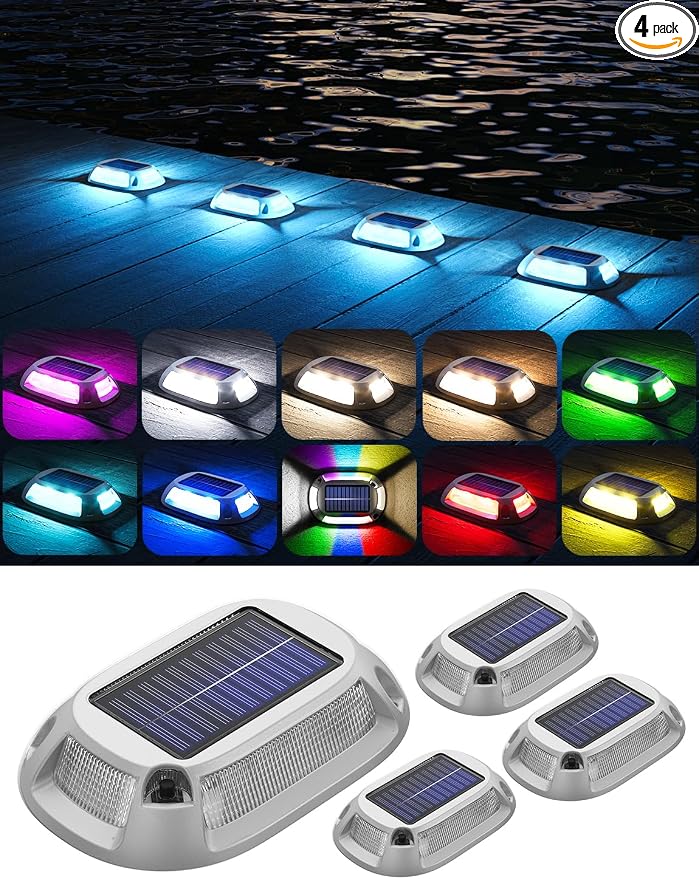 4Pack Aluminum Alloy Solar Driveway Lights, IP68 Solar Deck Light Marine Dock Lights Outdoor Waterproof, Multi-color LED Driveway Markers for Walkway, Path Decor [12Modes - Strobe/RGB/Fix-color]