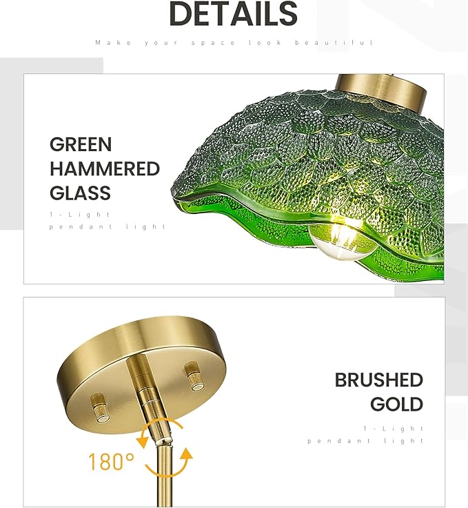 zeyu 10.4 Inch Vintage Kitchen Light Fixture, Hanging Ceiling Light Fixture, Brushed Gold Ceiling Pendant Light with Green Hammered Glass, ZJX116M1L BG G
