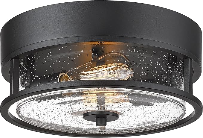 Black Flush Mount Ceiling Light, HWH Industrial Close to Ceiling Light Fixture with Seeded Glass Shade, 12'' Light Fixture Ceiling for Hallway, Farmhouse, Foyer, Laundry, Matte Black, 5HWY65F BK